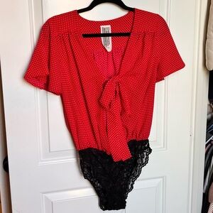 Free People Red Polka Dot Tie-Front Bodysuit with Black Lace